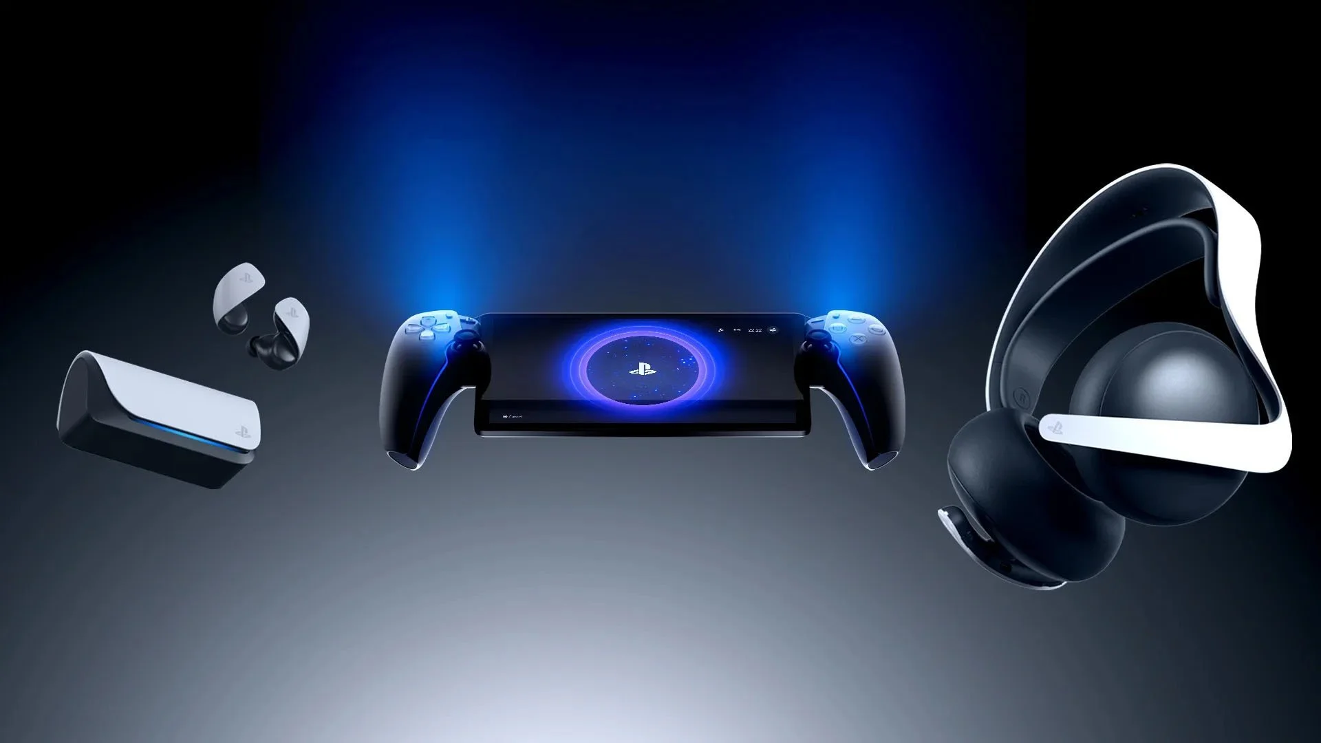 A Sony PlayStation 5 gaming console, PS5 DualSense controller, wireless earbuds, and a virtual reality headset with headphones, all associated with PlayStation gaming.