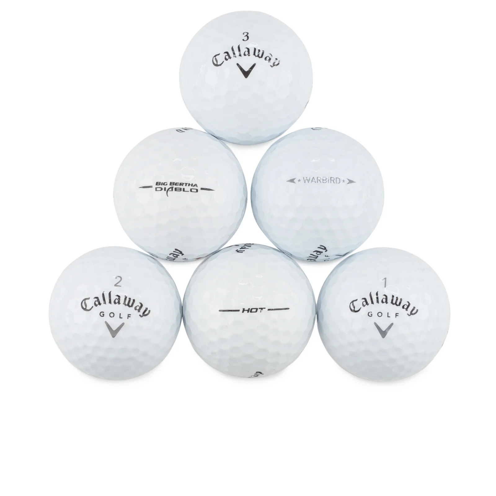 Six white Callaway golf balls arranged in a pyramid shape with various markings and logos.
