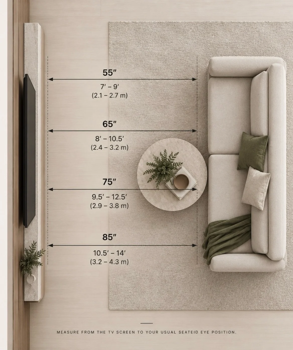 The right TV viewing distance can make a big difference in how comfortable and immersive your space feels.

Here are the general comfortable ranges but room configuration, seating arrangements, TV viewing patterns and potential glare all matter too. 