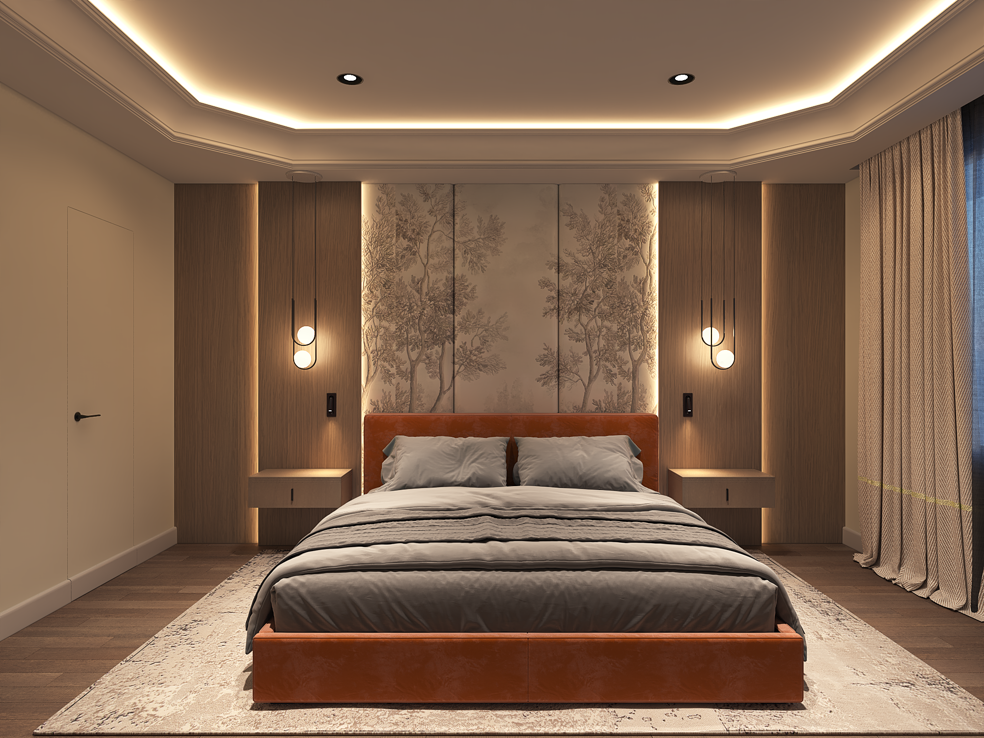 Modern bedroom with a bed, nightstands, wall-mounted lights, wood paneling, and a decorative wall with tree mural.