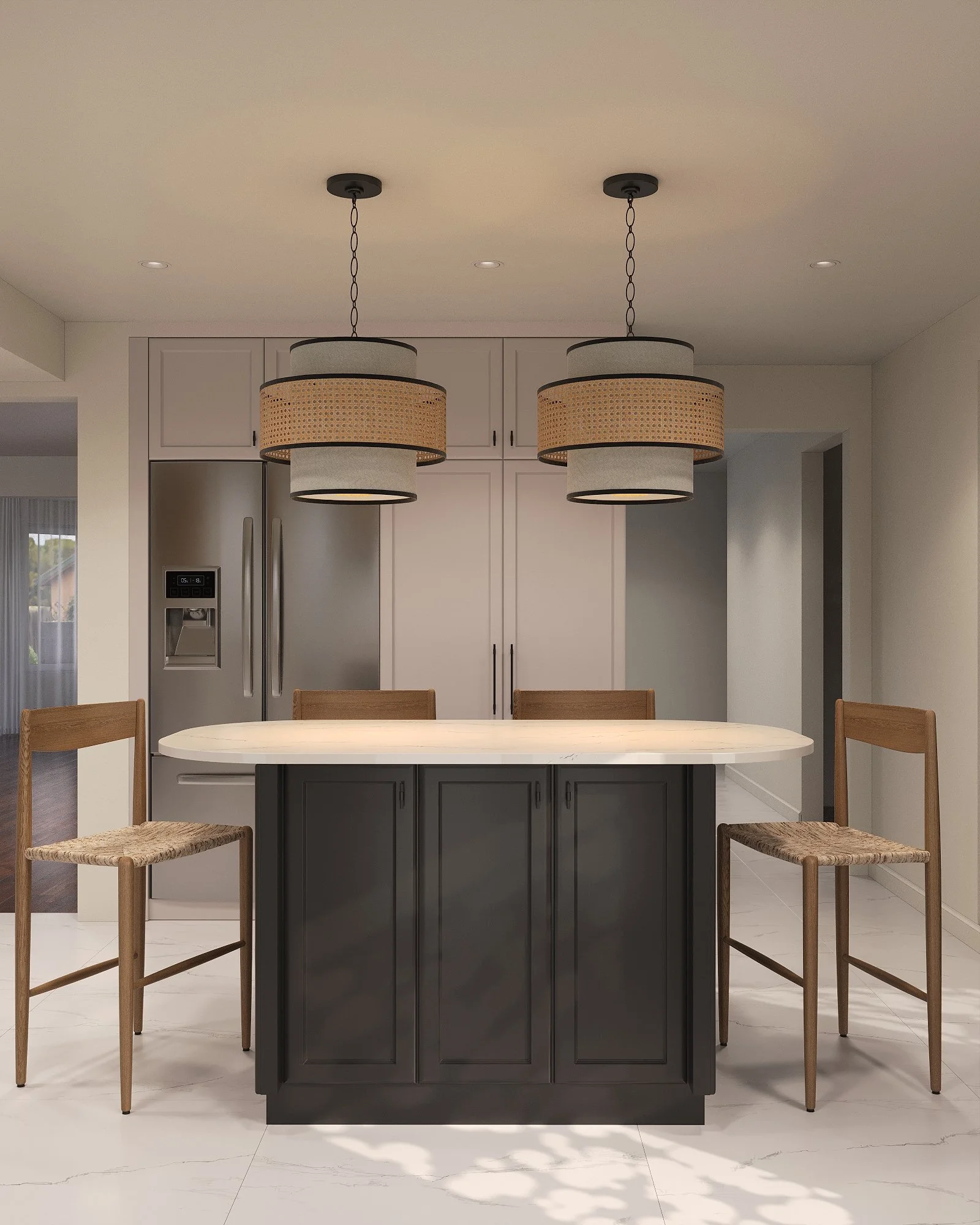 Modern kitchen with white cabinets, stainless steel refrigerator, marble island with black base, two pendant lights, and four wooden chairs.