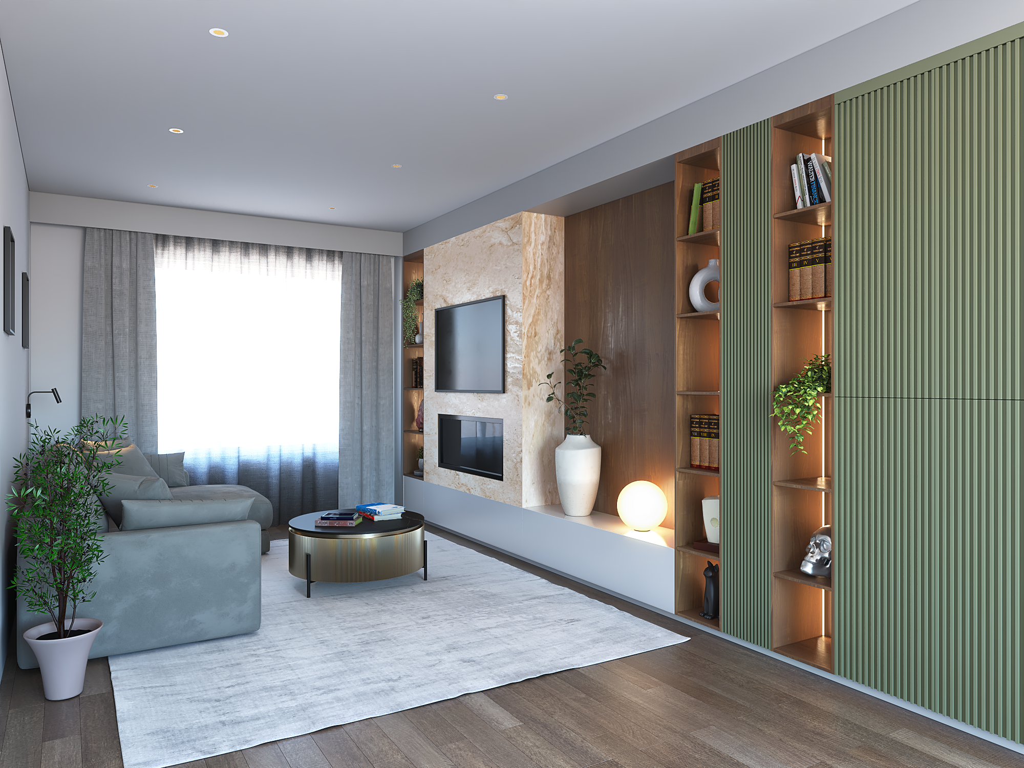 Modern living room with gray sofa, coffee table, large window with curtains, built-in shelving with books and decorative items, wall-mounted TV, patterned green and wooden cabinet, potted plants, spherical lamp, and a cream-colored rug.