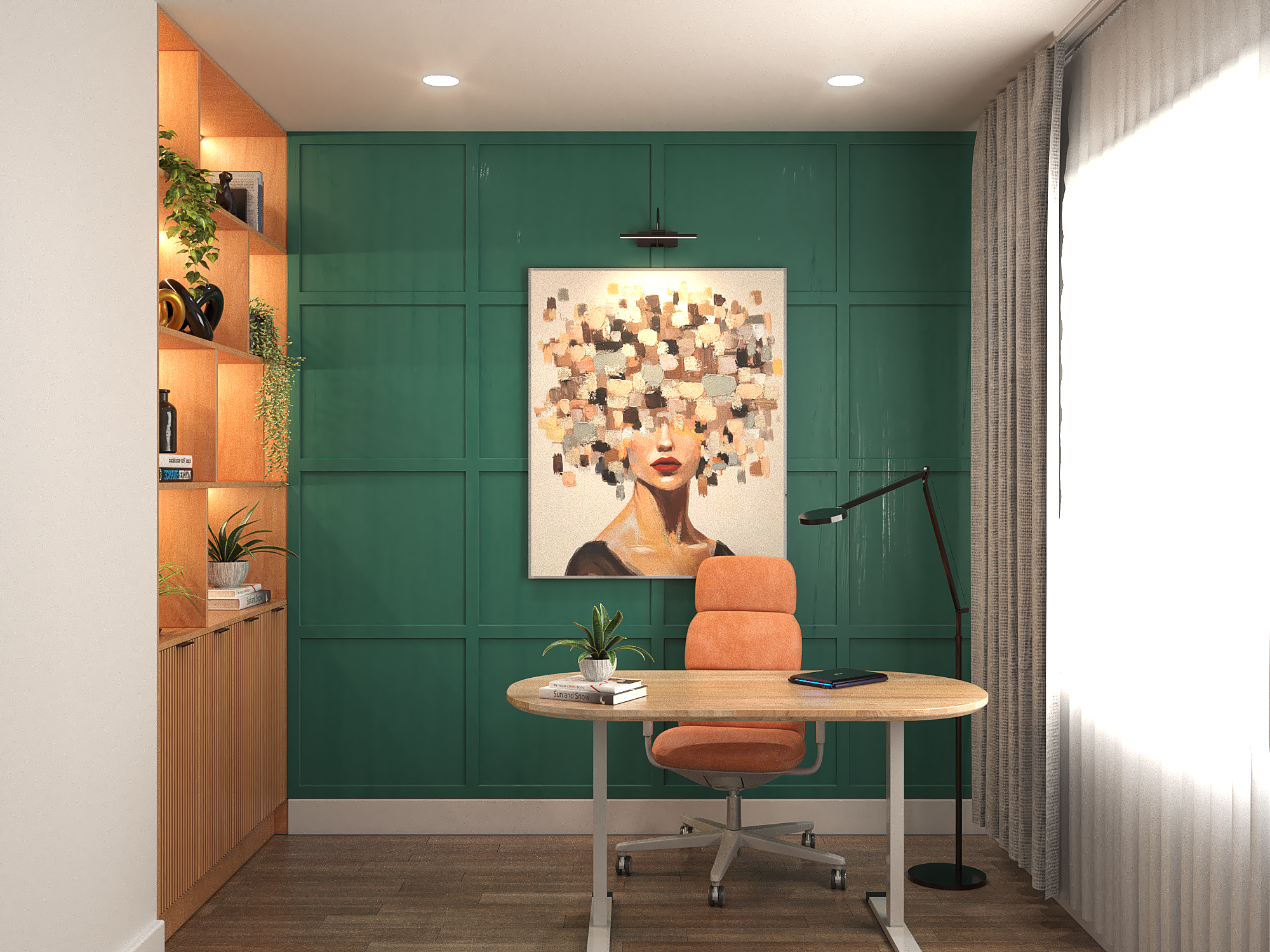 Modern home office with a wooden desk, orange office chair, green paneled wall, colorful abstract woman's portrait painting, black adjustable lamp, and built-in wooden shelving with plants and books. Large window with grey curtains allows natural lig