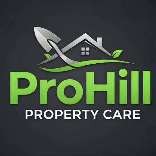 Logo for ProHill Property Care featuring a house with a leaf and a roofing trowel, with the text ProHill Property Care in green and white on a dark background.