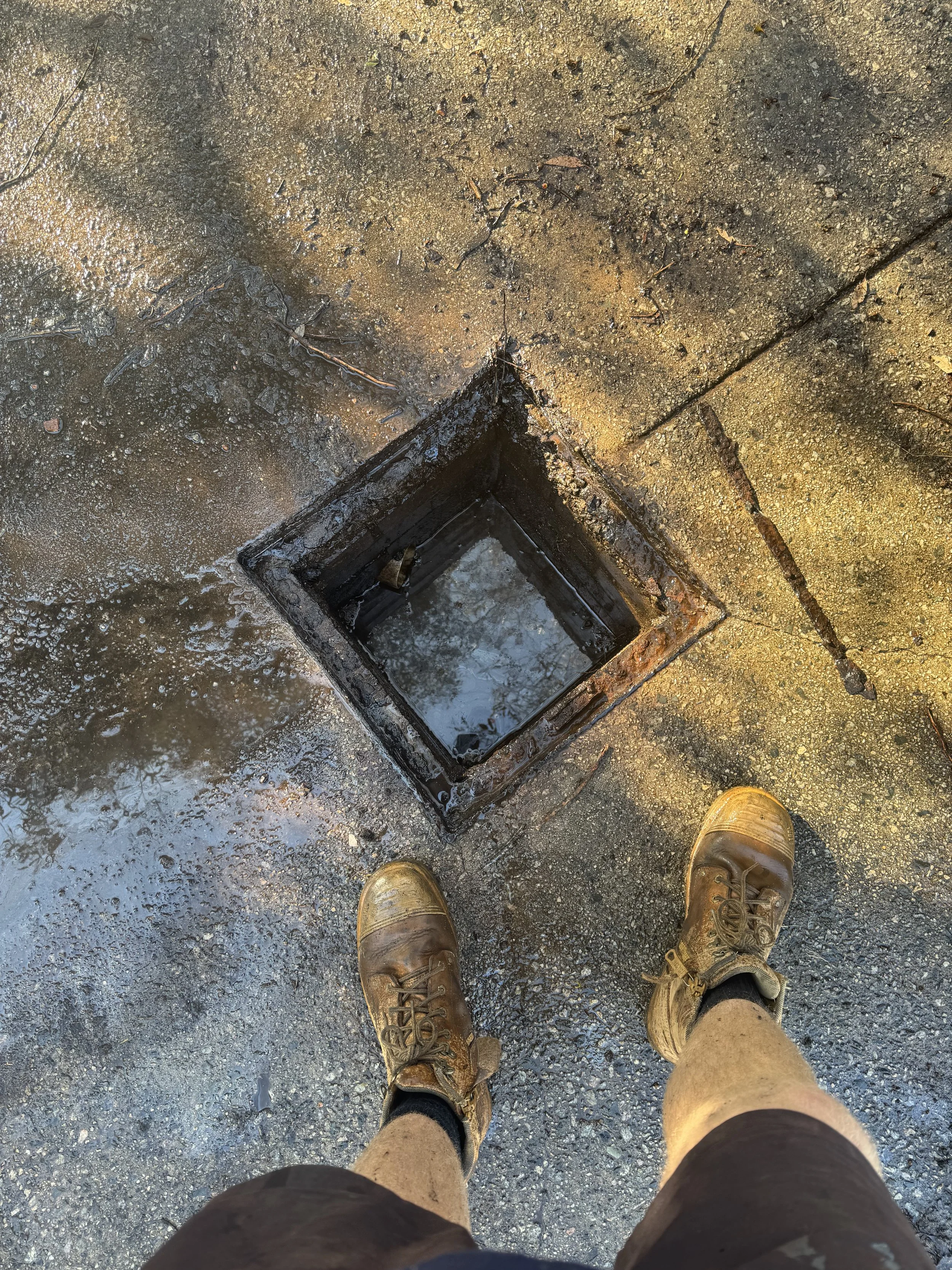 A person's muddy legs and boots are seen from above, standing on wet ground near an open utility hole or drain on a concrete sidewalk.