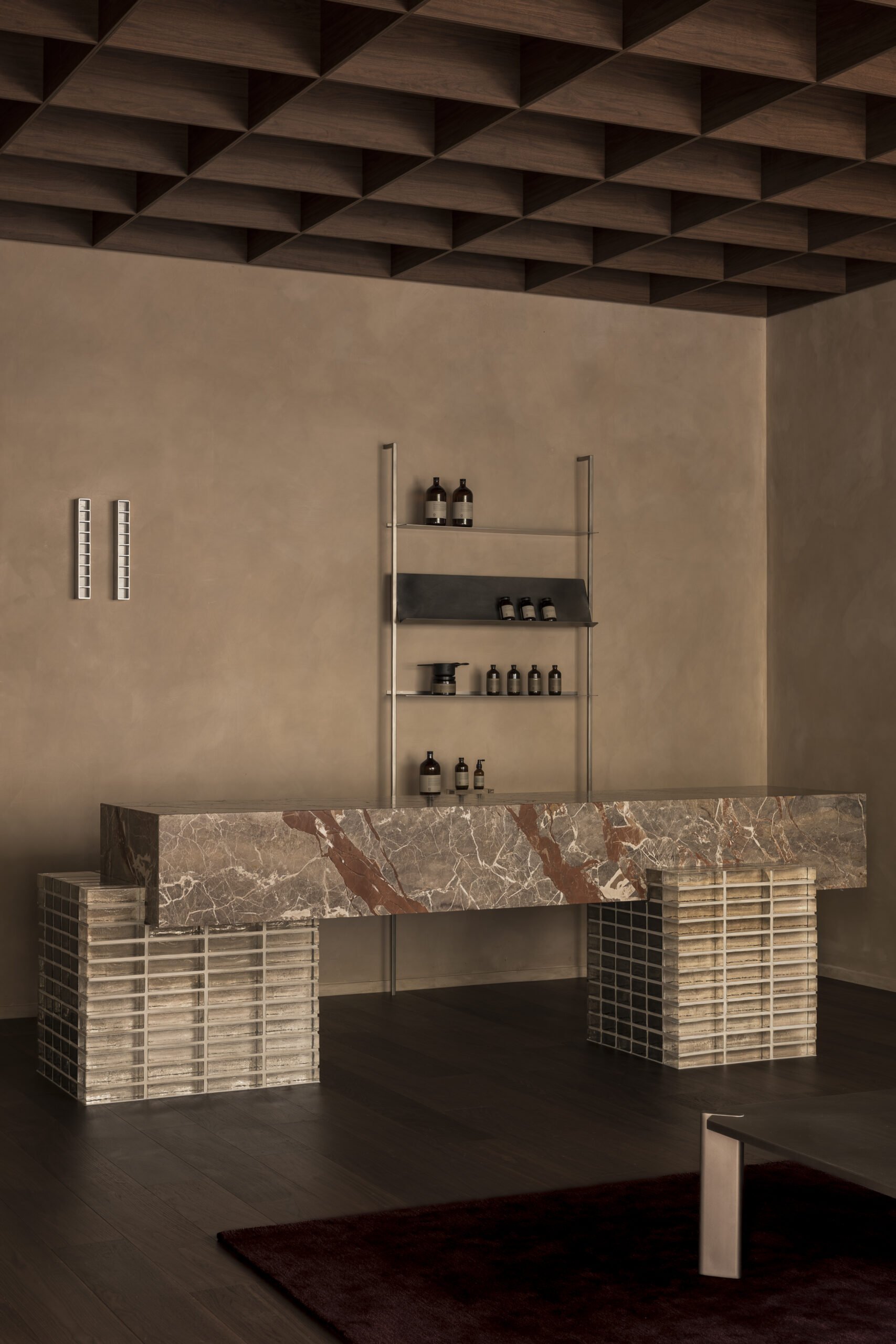 Joinery on the ceiling in a grid format that adds an element of texture