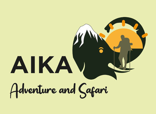 Logo with a mountain, a hiker, and a sunrise, with the text 'AIKA Adventure and Safari'.