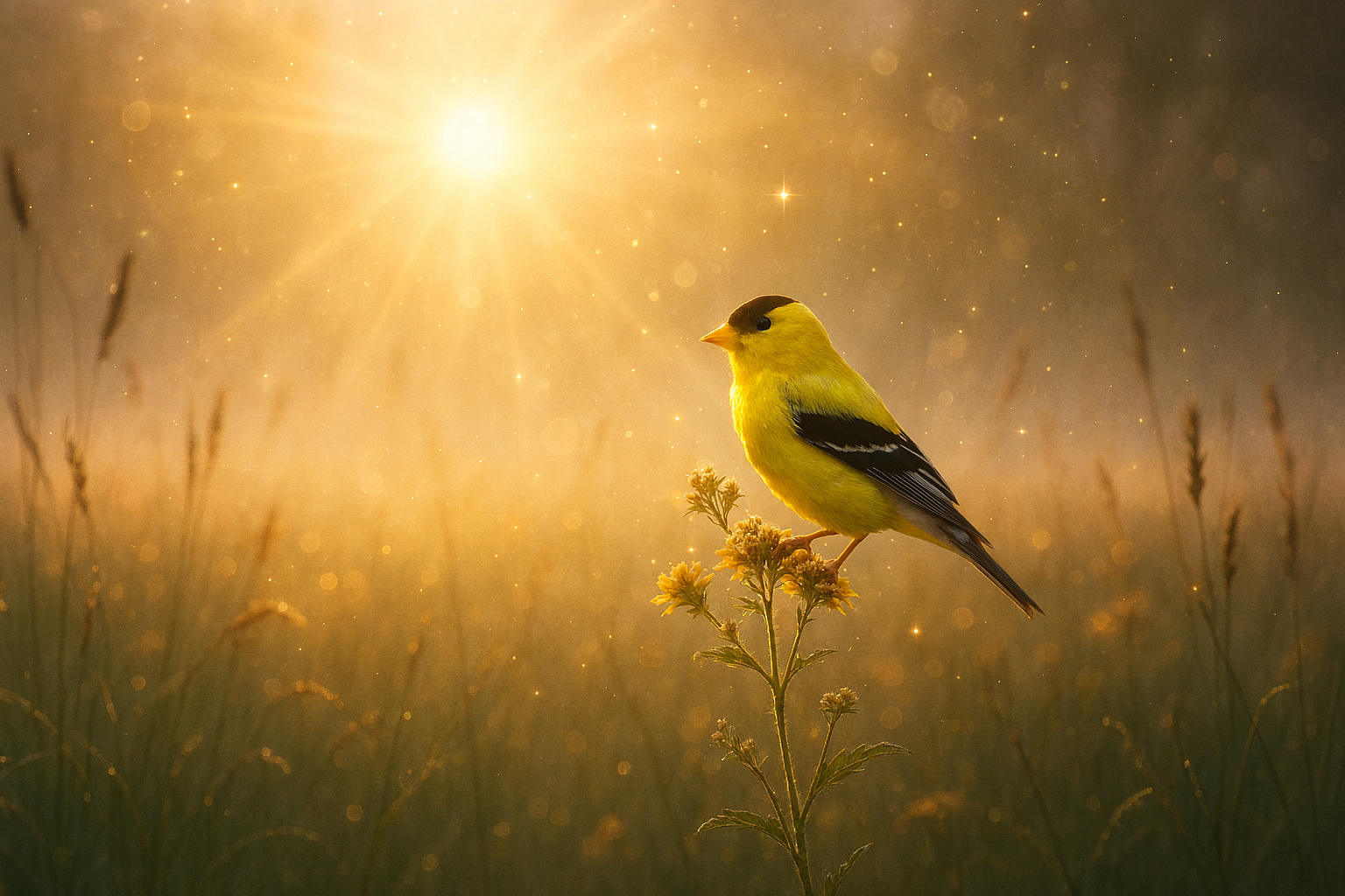 Yellow and black songbird perched on a small plant in a field at sunrise with glowing sunlight and sparkling particles in the background.