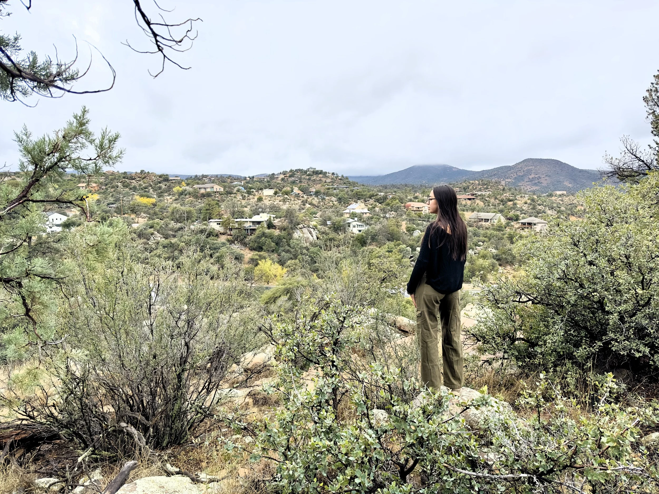 A woman with long dark hair, wearing glasses, a black sweater, and green pants, stands on rocks amidst shrubs and small trees, overlooking a hilly landscape with scattered houses under cloudy skies.