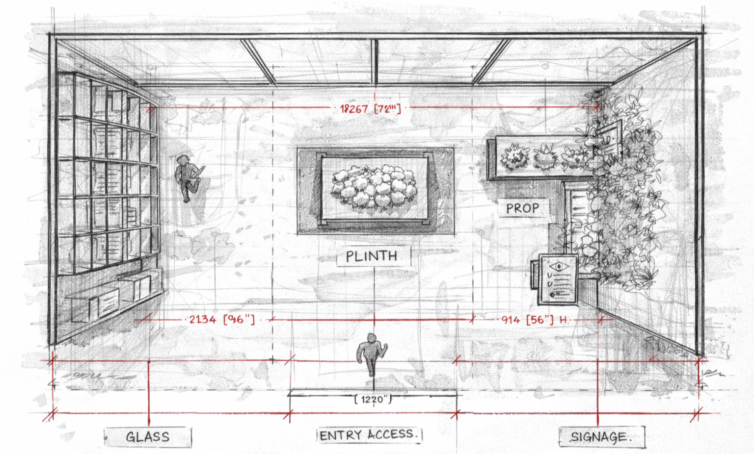 Architectural sketch of an indoor art gallery with dimensions, labeled sections for 'PLINTH' and 'PROP', a central floral artwork, wall-mounted display, bookshelf area, a person walking, and a glass window on the left.