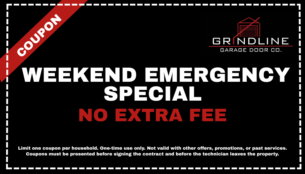 A coupon for a garage door company offering a weekend emergency special with no extra fee. The coupon has a black background with white and red text, and features the company's logo, Groundline Garage Door Co., in the upper right corner.