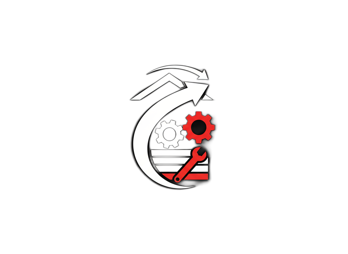 Icon symbolizing auto repair or maintenance, featuring gears, a wrench, and an upward arrow on a black background.