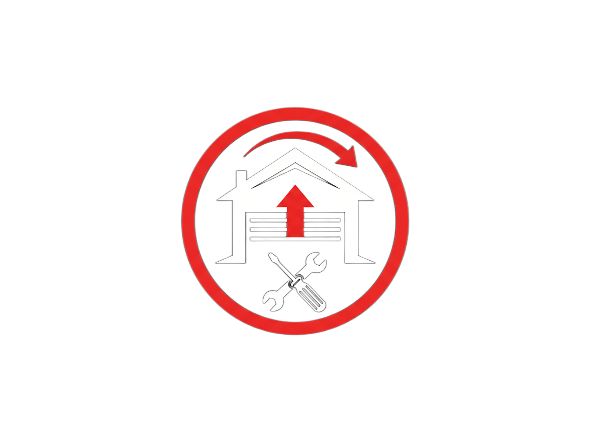 Garage door with upward arrow, tools including a screwdriver and wrench, and a house outline in a red circular border on a black background.