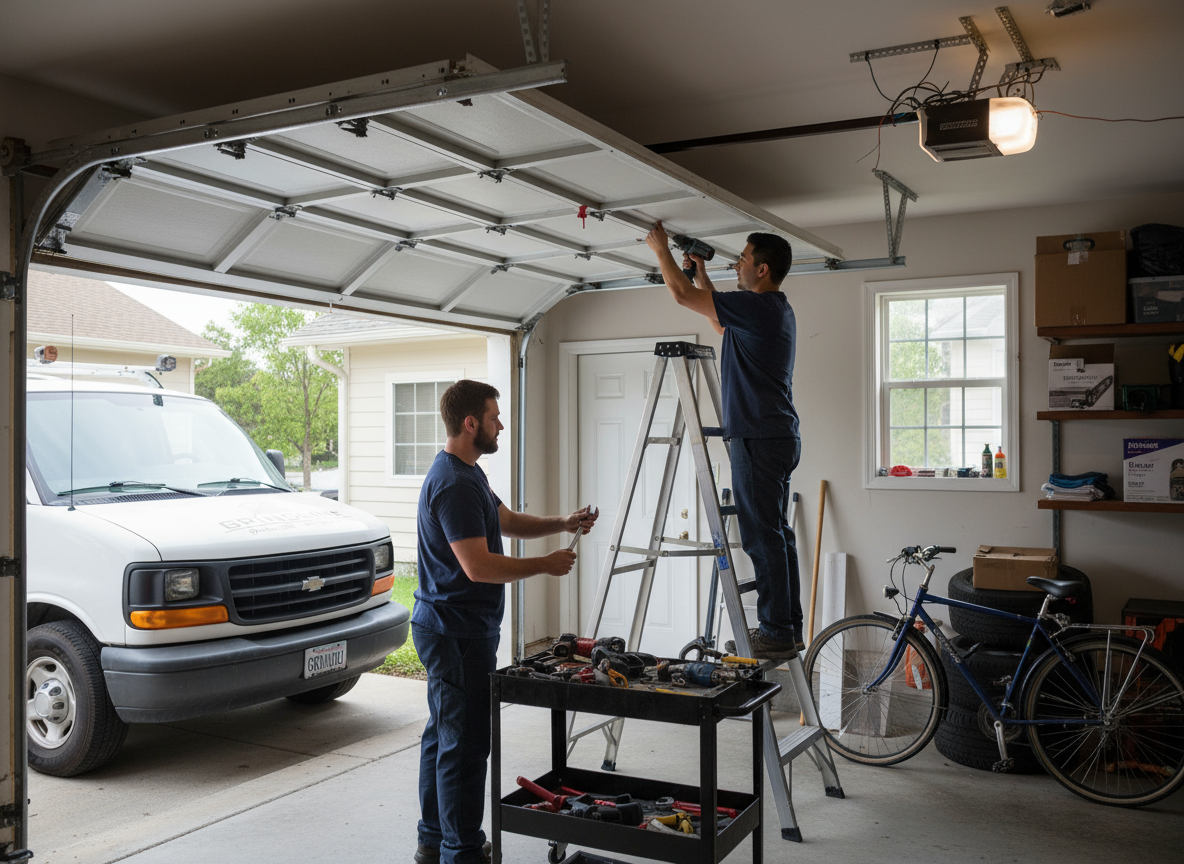 Two men repair a garage door, with one on a ladder using a power drill and the other handing tools.