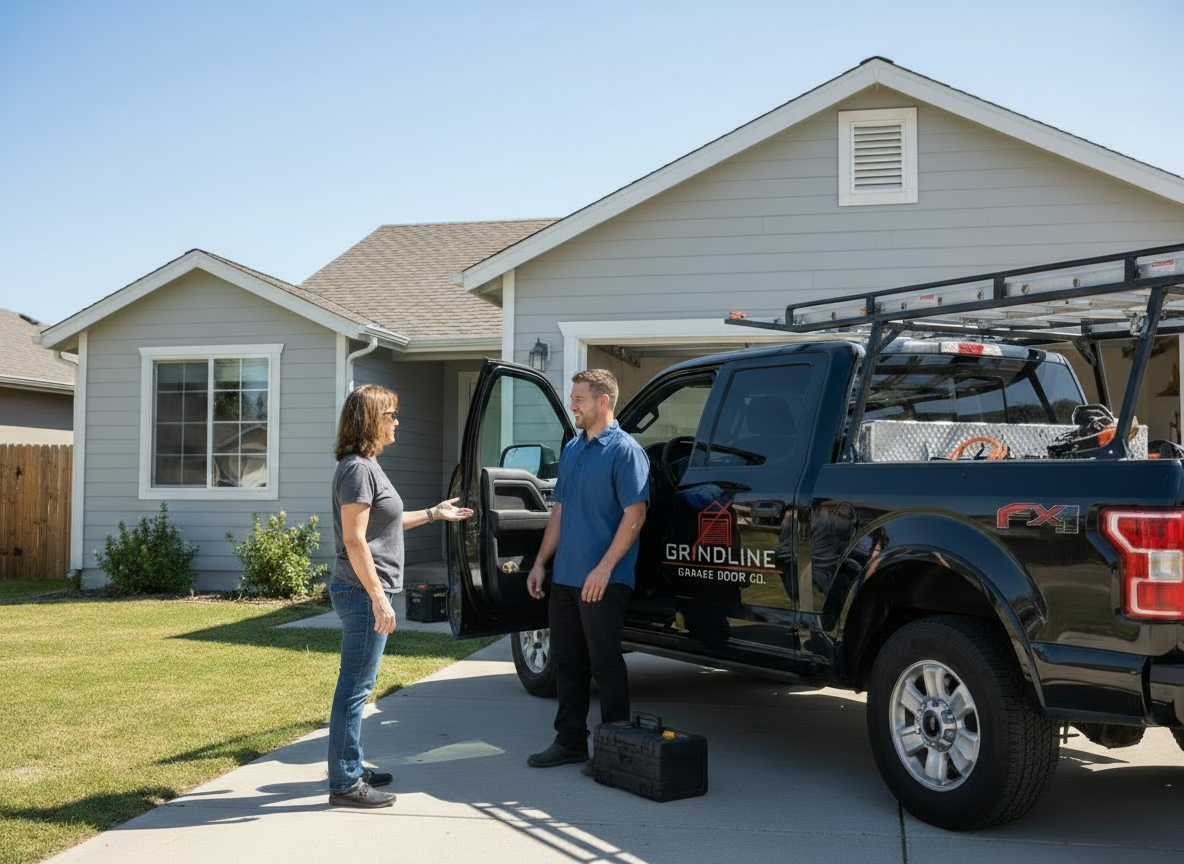A woman and a man stand outside a house next to a black pickup truck, engaging in a conversation, with the man standing by the open driver-side door, and the woman gesturing with her hand. There is a toolbox on the ground near the truck.