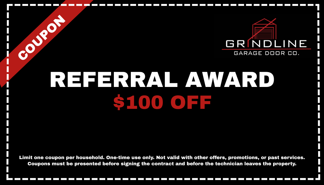 Black coupon with red diagonal banner reading 'Coupon', focusing on an offer for a $100 referral discount at Groundline Garage Door Co., with terms and conditions in small white text at the bottom.