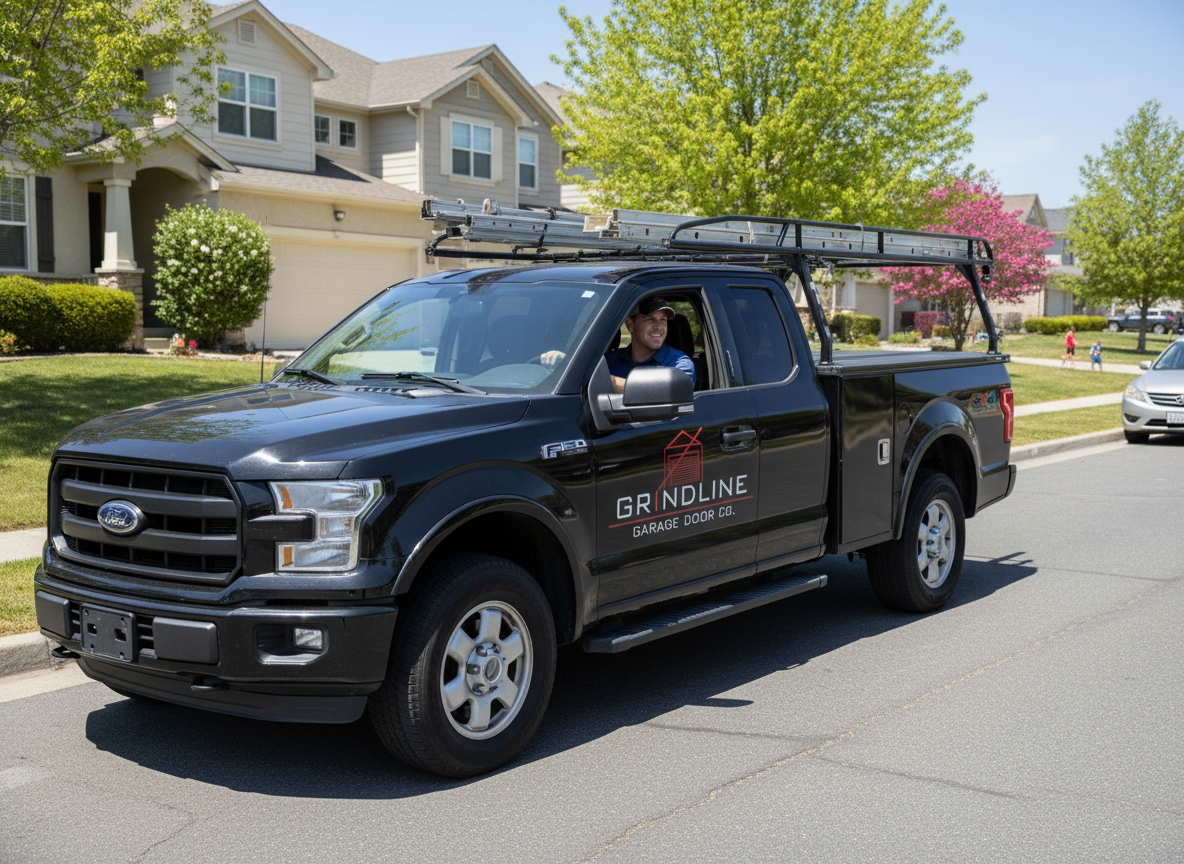 A black Ford pickup truck with the logo 'GRNDLINE GARAGE DOOR CO.' on the door, parked on a suburban street with a man smiling inside, carrying ladders and equipment on top, and suburban houses with greenery in the background.