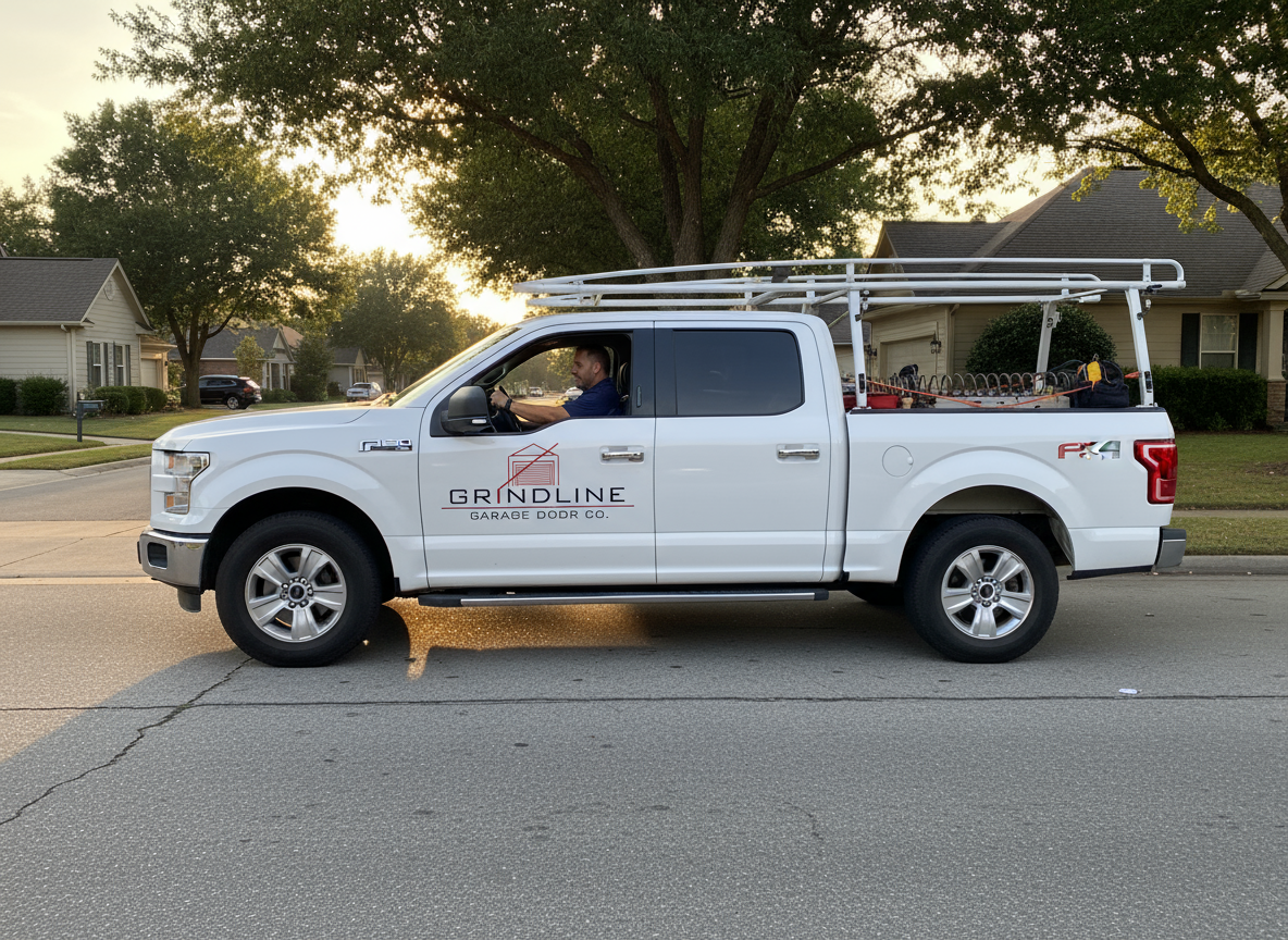 A white pickup truck parked on a suburban street with a man inside. The truck has company branding with the text 'GRINDLINE GARAGE DOD CO' and a red logo. It has a ladder rack on top and some equipment in the truck bed. There are houses and trees in 