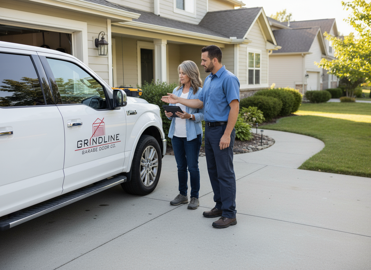 Two people standing in front of a white service truck labeled 'GRINDLINE BARAGE DODR CO.' outside a house. They are looking at a tablet device.