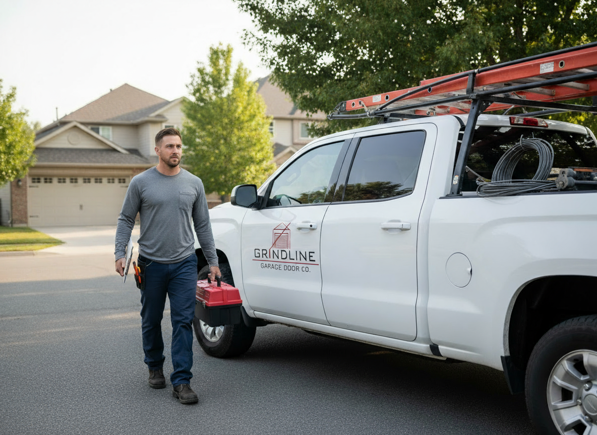 A man walking away from a white pickup truck with a ladder on top, a toolbox in his hand, and tools attached to his belt, parked on a suburban street. The truck has a logo for "Grandline Garage Door Co." on the door.