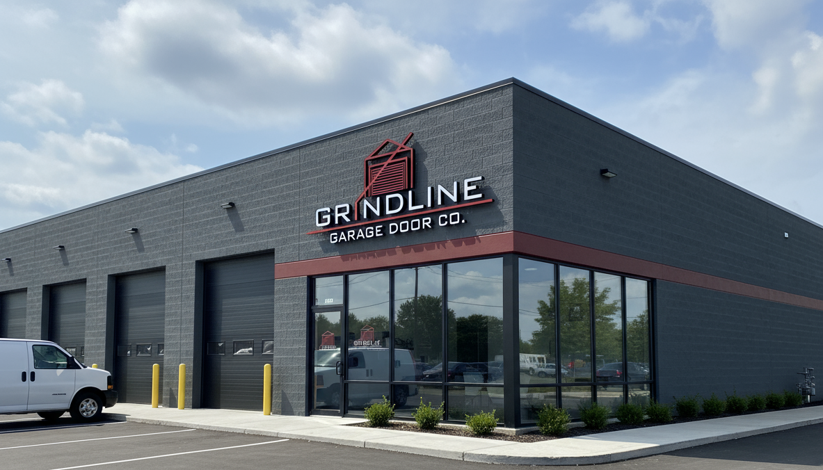 Exterior of a commercial building with a sign that reads 'GRINDLINE GARAGE DOOR CO.' featuring a logo of a garage door with a red line design. The building has a dark gray brick facade, large glass windows, and garage doors at the front. There is a parking lot with a white van and some other vehicles.