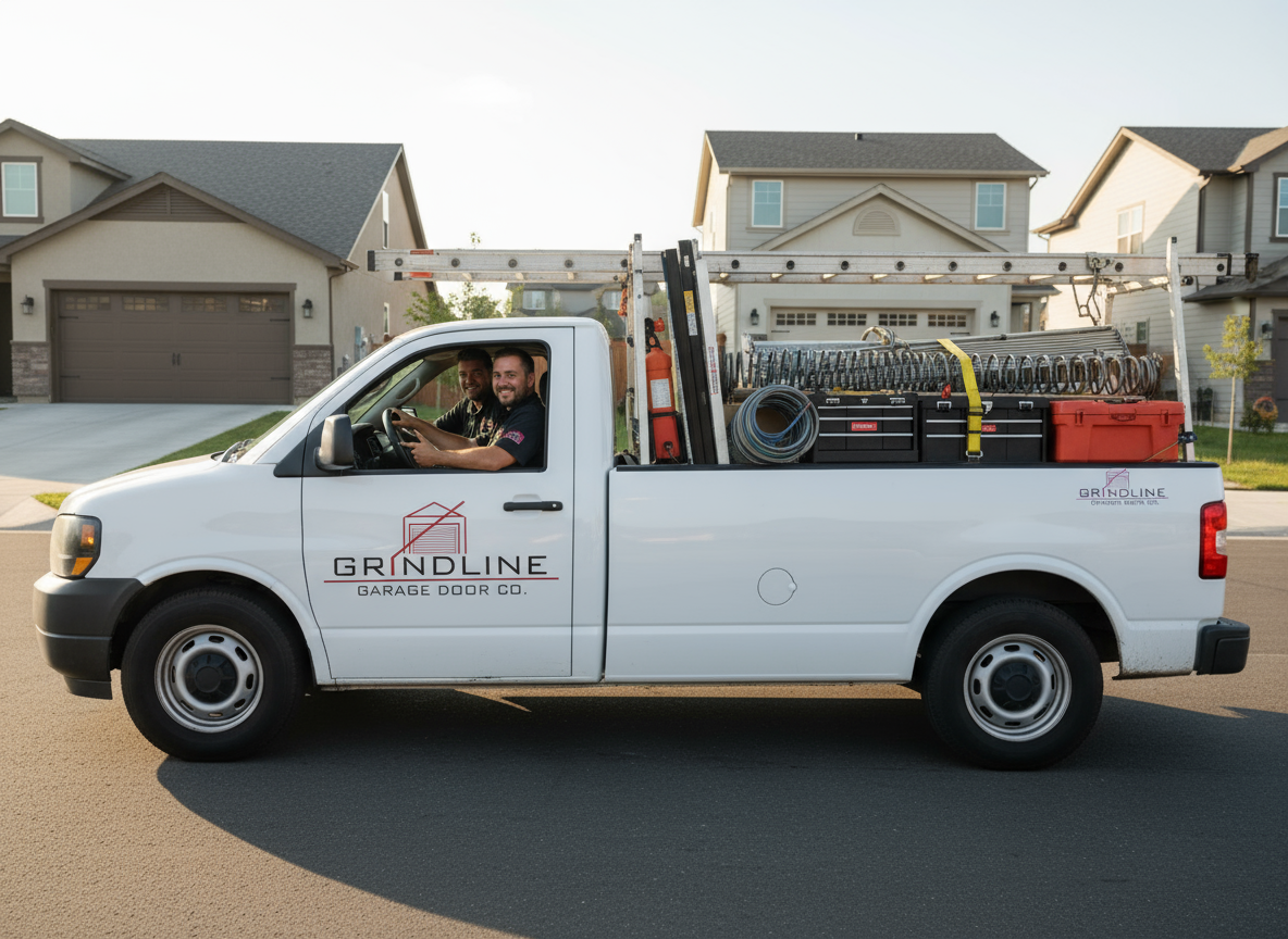 White tradesman truck with company logo parked on residential street in front of houses, two smiling men sitting in the cab, loaded with tools and equipment.
