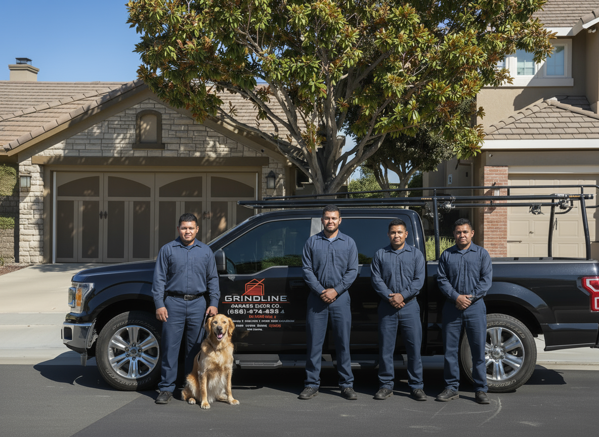 Four men in matching blue uniforms and a service dog standing in front of a black pickup truck with company branding, parked on a suburban street with a house and large tree in the background.