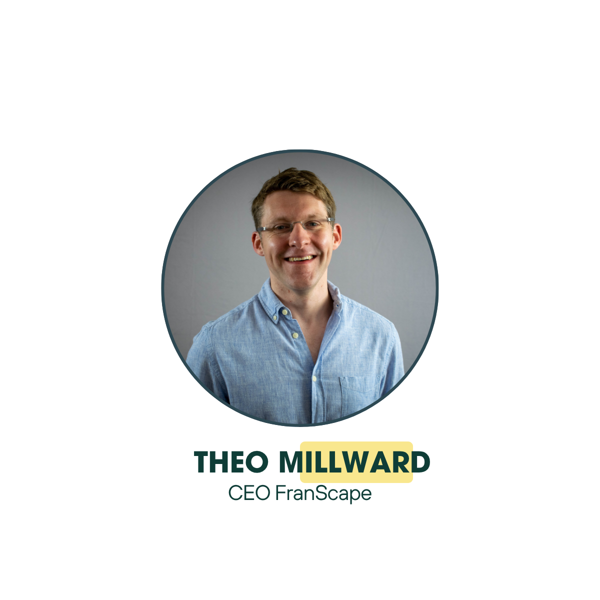 A portrait photo of Theo Millward, a man with short brown hair, glasses, and a smile, wearing a light blue button-up shirt. The background is plain and neutral. Text below the photo reads "THEO MILLWARD" and "CEO FranScape."