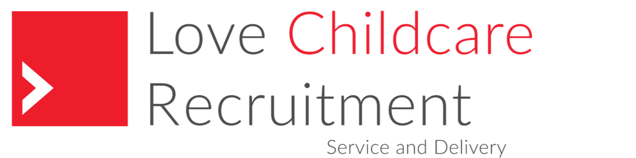 Logo for Love Childcare Recruitment, featuring a red square with a white arrow, and the text 'Love Childcare Recruitment' with 'Childcare' in red, and 'Love' and 'Recruitment' in gray, along with the tagline 'Service and Delivery'.