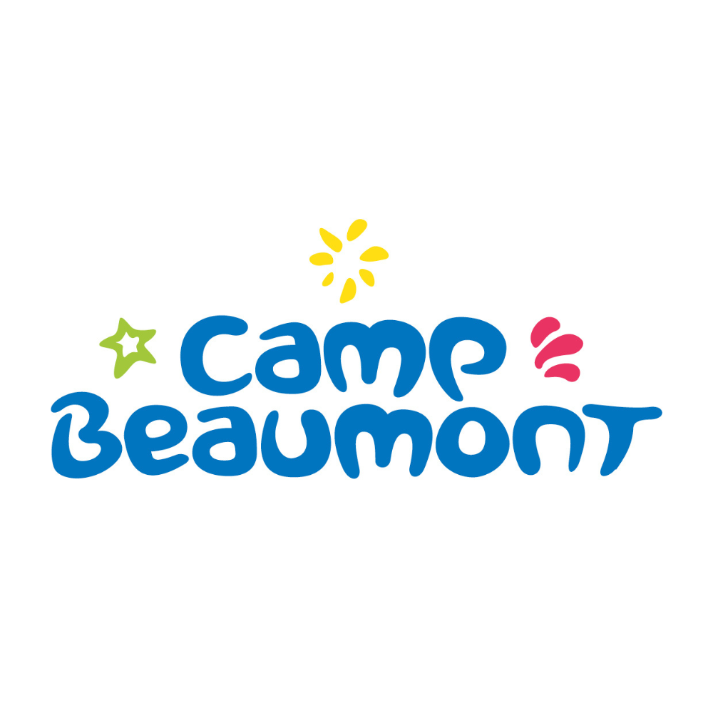 Colorful logo with the text 'Camp Beaumont' in blue, decorated with a yellow burst at the top, a green star on the left, and pink curved lines on the right.