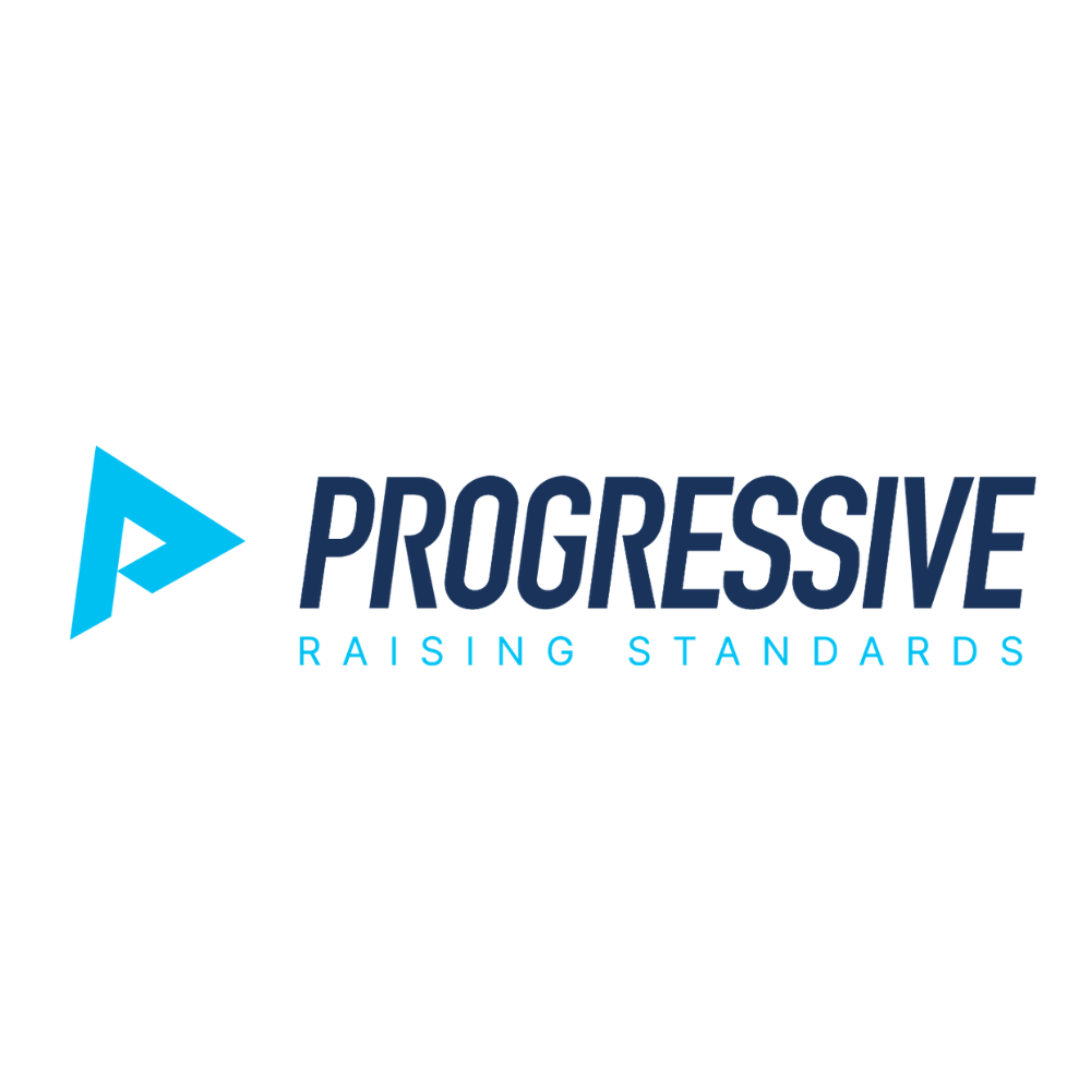 Progressive Sports logo with the slogan 'raising standards' in blue and black text.
