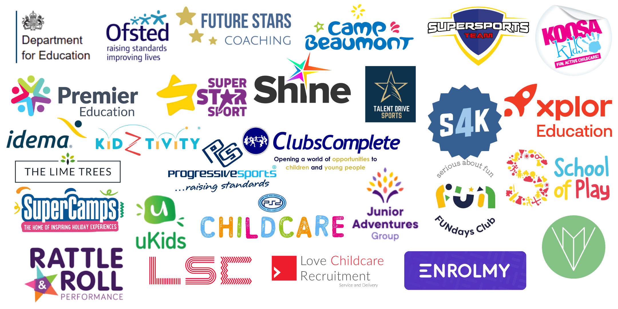 A colorful collage of various logos and text representing educational, sports, entertainment, and children’s programs and organizations, including ClubsComplete, SuperCamps, S4K, School of Play, and others.