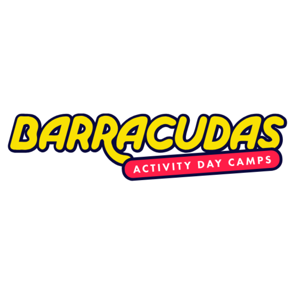Logo for Barracudas Activity Day Camps with the name in bold yellow letters outlined in navy, and a red banner with white text beneath stating "Activity Day Camps".
