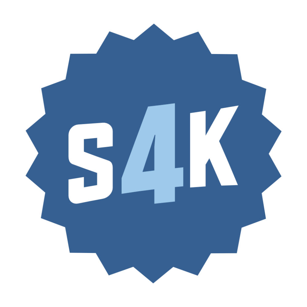 A graphic badge with a spiky border in dark blue and light blue lettering that reads 'S4K'.
