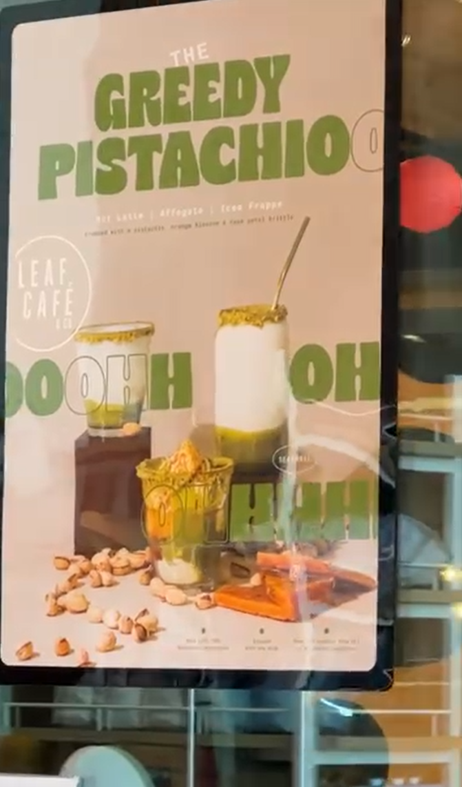 Leaf Café Greedy Pistachio drinks made with Oyku Pistachio Cream Sauce — latte, affogato and frappé topped with nut brittle