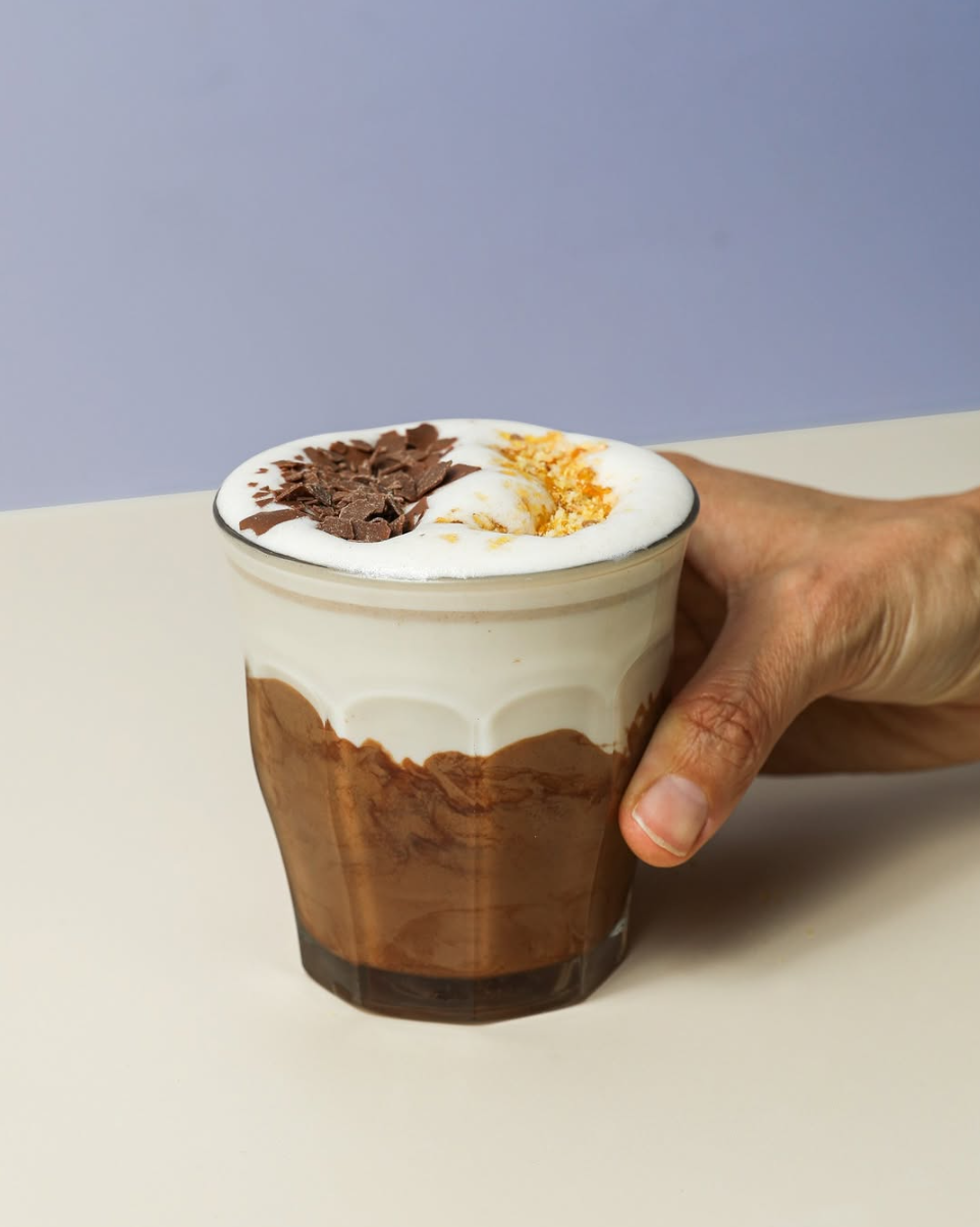 Oyku Hazelnut Cream Sauce in the Bueno Latte at Leaf Café — hazelnut coffee with cream, chocolate and praline