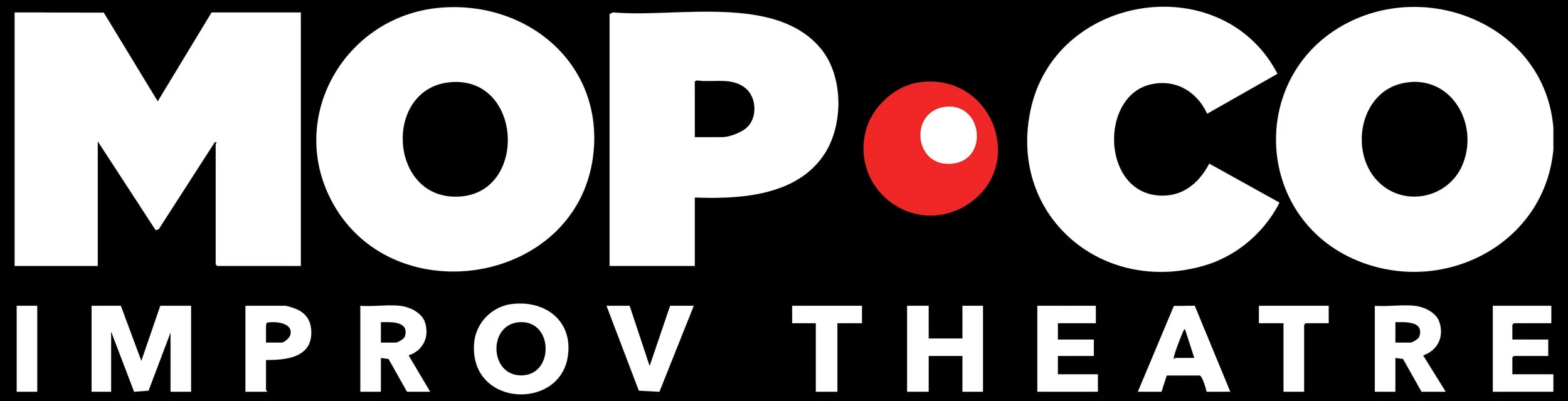 Logo for Mopac Improv Theatre with the text 'MOPAC IMPROV THEATRE' in bold and a red centered circle inside the letter 'O' in Mopac.