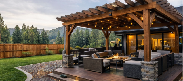 Outdoor retreat. A beautiful deck with a amazing wood pergola covering it. Outdoor seating and fireplace with outdoor lighting to brighten up the night.