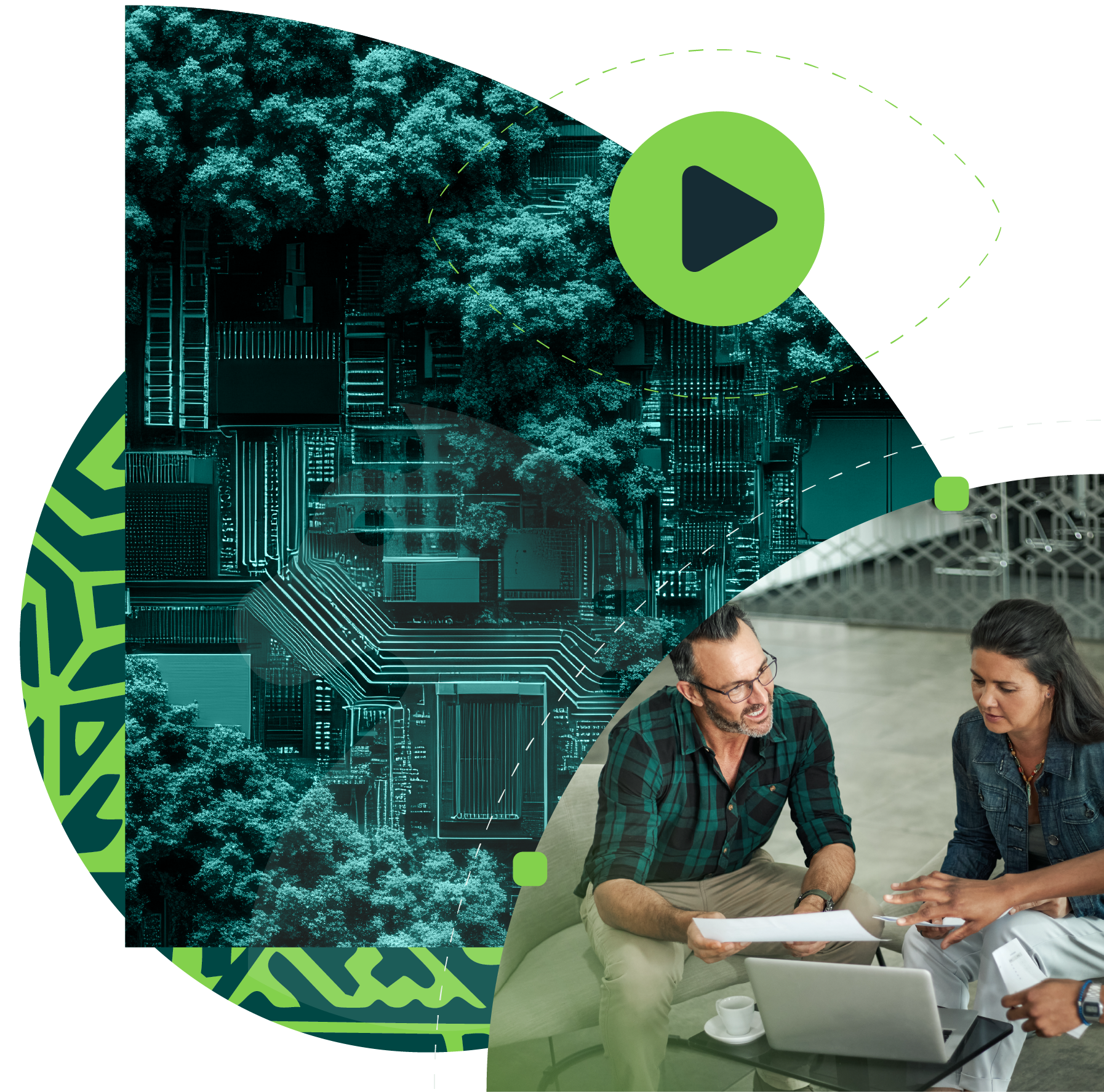 Strategic Sustainability Services graphic collage with people sitting around open laptop.