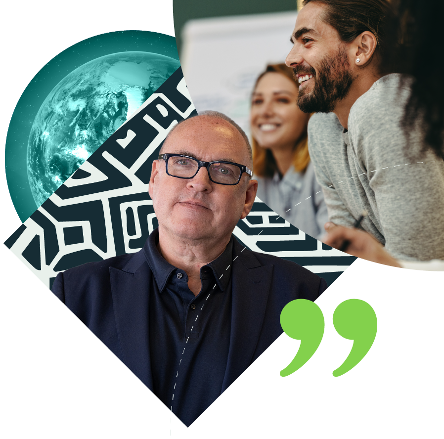 Collage of diverse professionals: a man with glasses in a dark suit, a smiling group of three young people in casual attire, and a globe with digital graphics representing global connectivity and innovation.