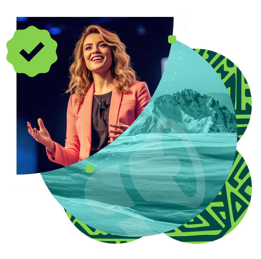 A woman speaking at a conference with a digital overlay showing icy mountains and a glacier, and a green checkmark icon.