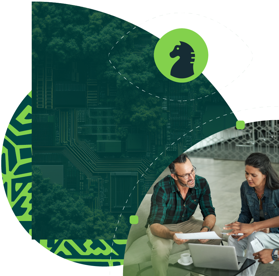 Strategic Sustainability collage graphic with office staff collaborating around an open laptop. Chess horse icon above within an eye shape and a digital tree background.