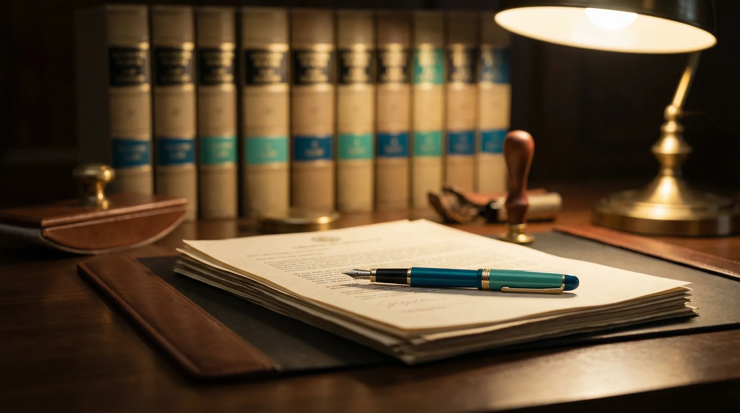 Escritorio con documentos oficiales apilados y pluma sobre mesa de madera oscura. Libros de referencia al fondo desenfocados. Iluminación cálida de oficina.