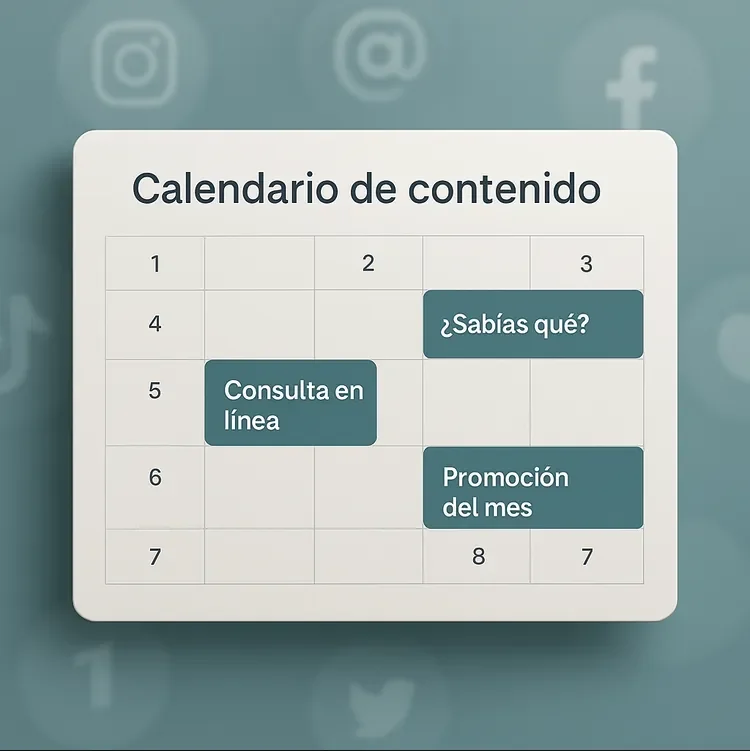 Calendario de contenido con publicaciones en línea, información sobre qué se sabe, y promociones del mes, en un fondo de redes sociales.