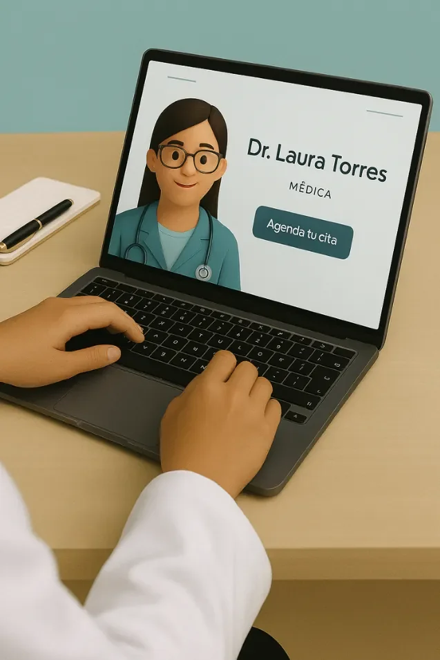 Una persona con bata blanca, probablemente un médico, usando una computadora portátil que muestra una presentación con la imagen de una doctora y el texto "Dr. Laura Torres, médica" y un botón que dice "Agenda tu cita".