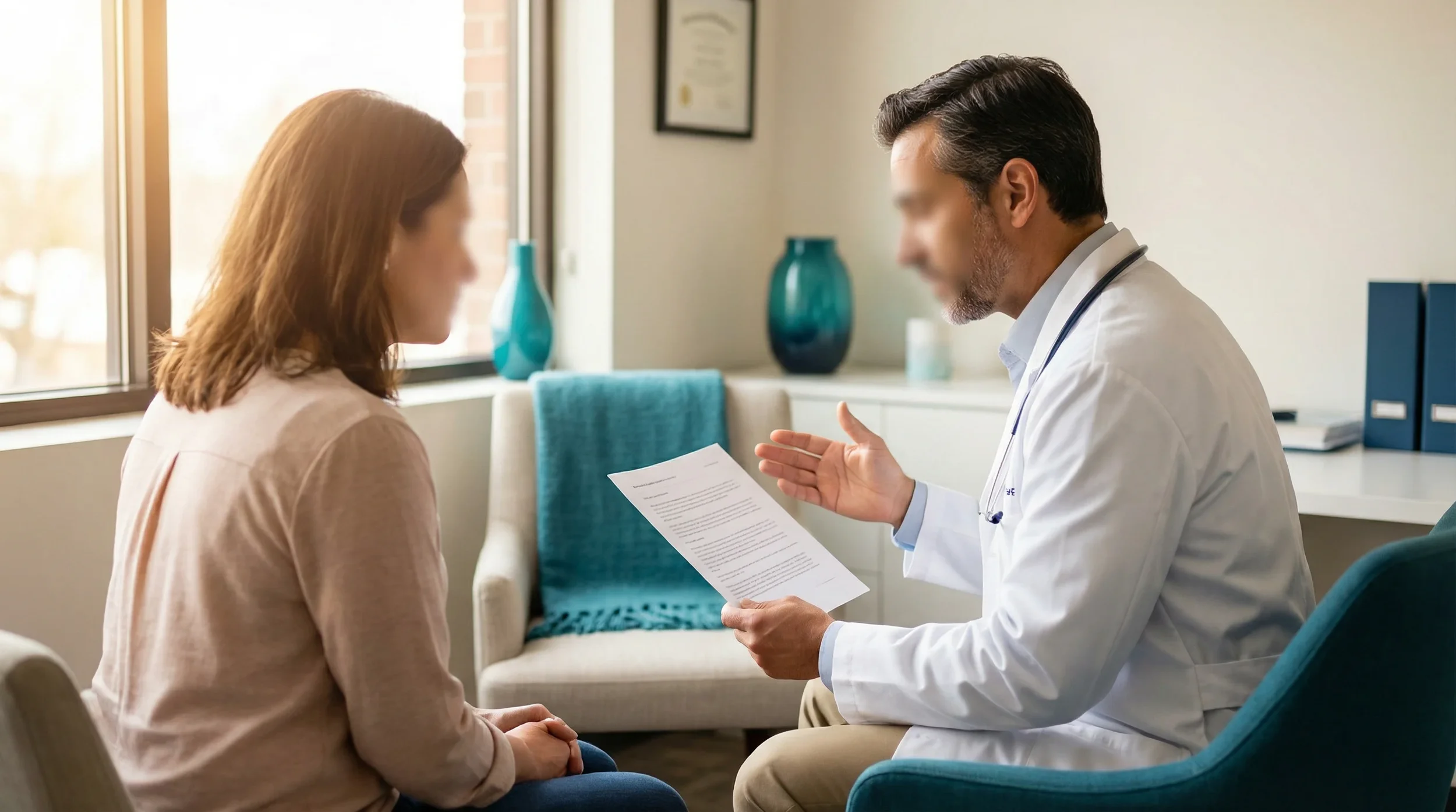 Médico con bata blanca y paciente sentados frente a frente en consultorio. Médico sostiene documento de consentimiento con gesto explicativo.