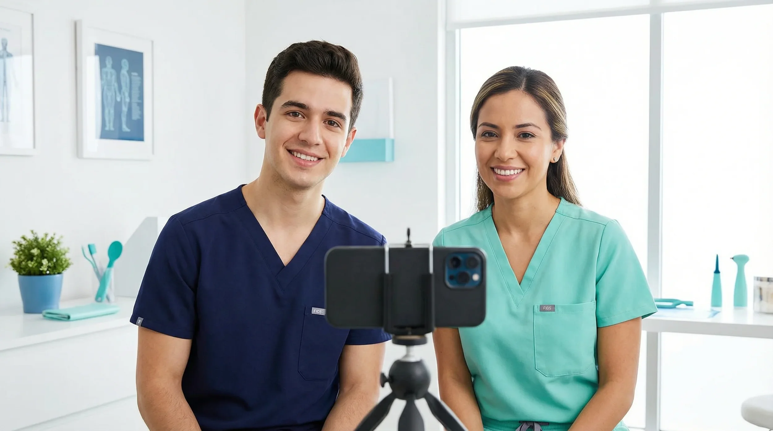 Médicos jovenes con scrubs médicos grabándose con teléfono inteligente en consultorio moderno y amplio. Fondo claro y ordenado.