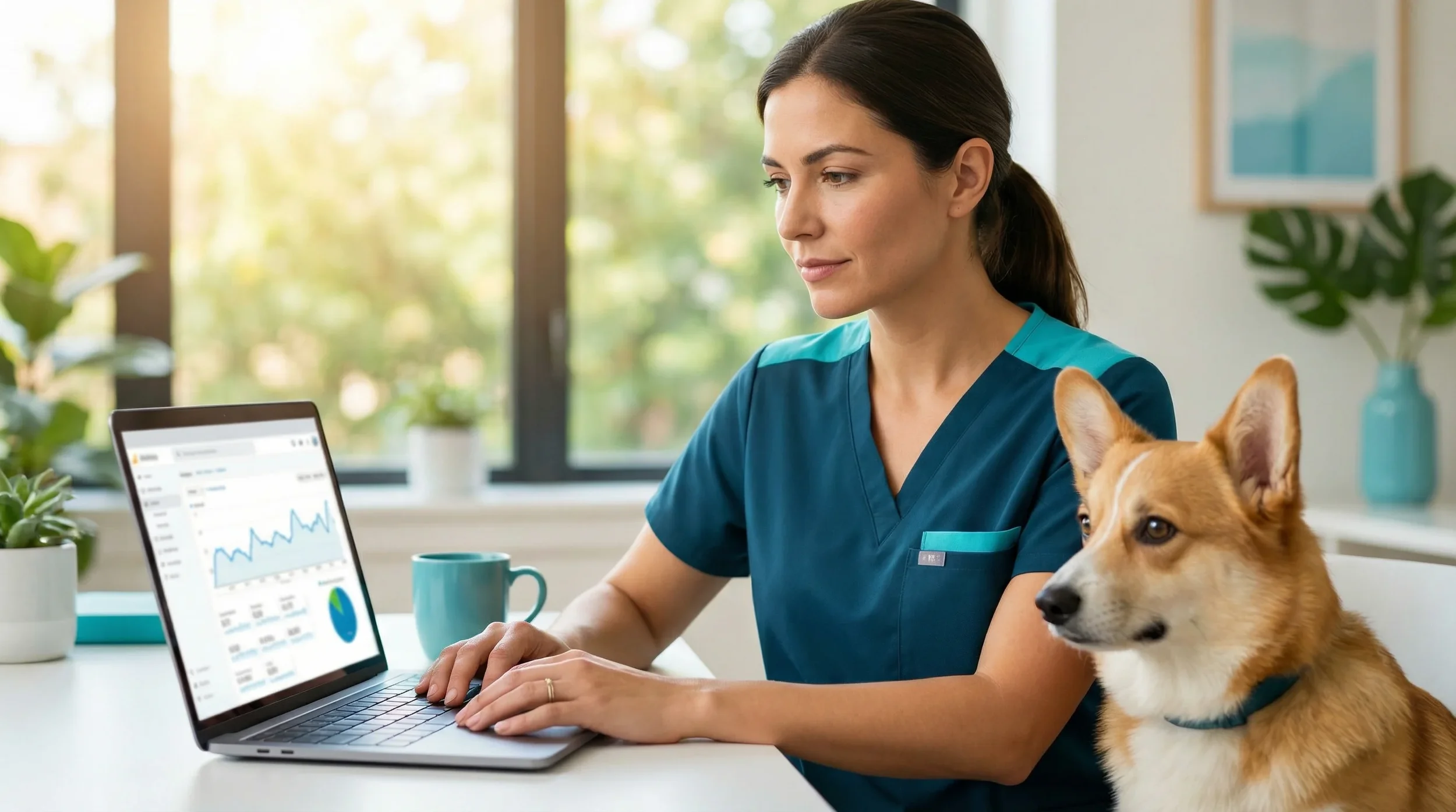Médico con uniformre médico y un corgi revisando gráficas de tráfico web en pantalla de laptop. Consultorio luminoso de fondo desenfocado.