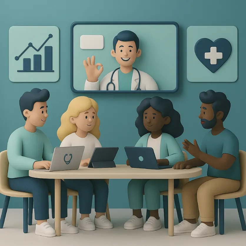 Cuatro personas en una reunión virtual con un doctor en una pantalla, en un entorno relacionado con la salud y los datos, usando laptops y tablets.