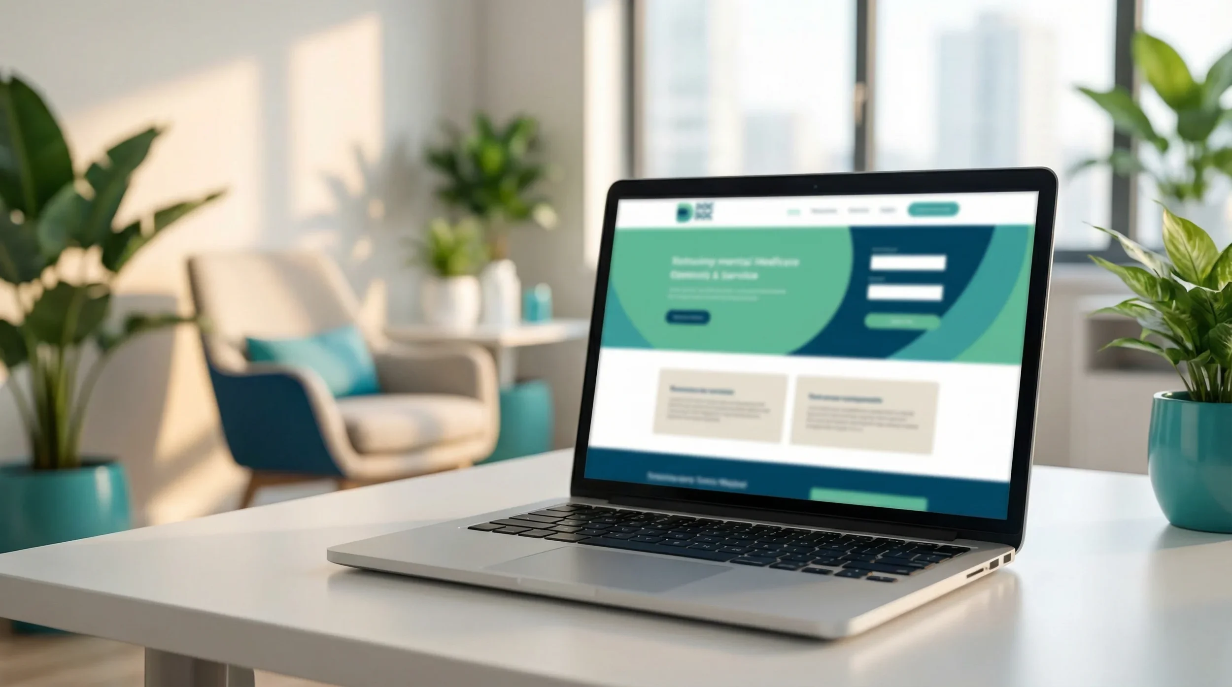Laptop abierta sobre escritorio de consultorio mostrando un sitio web médico profesional con diseño limpio. Consultorio moderno desenfocado de fondo.